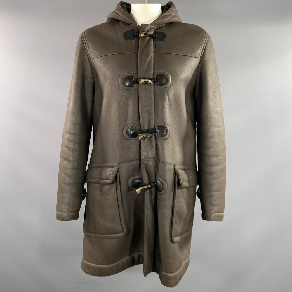 MARC JACOBS Size XXL Brown Black Leather Hooded Coat